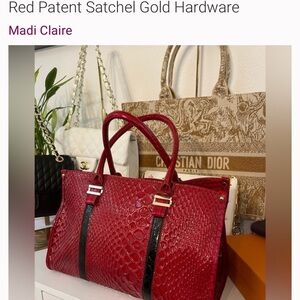 Madi Claire Red Textured Satchel with Gold Hardware